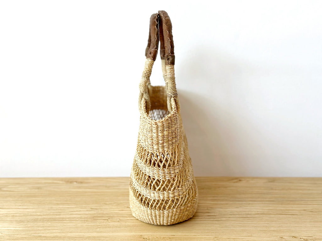 Handwoven Slim Basket Tote Open Weave with Brown Leather Handles