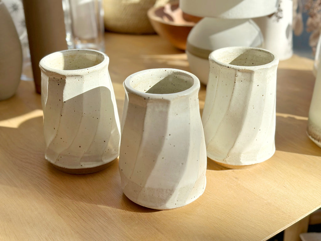 Ceramic Carved Facet Vase Small - Speckled White