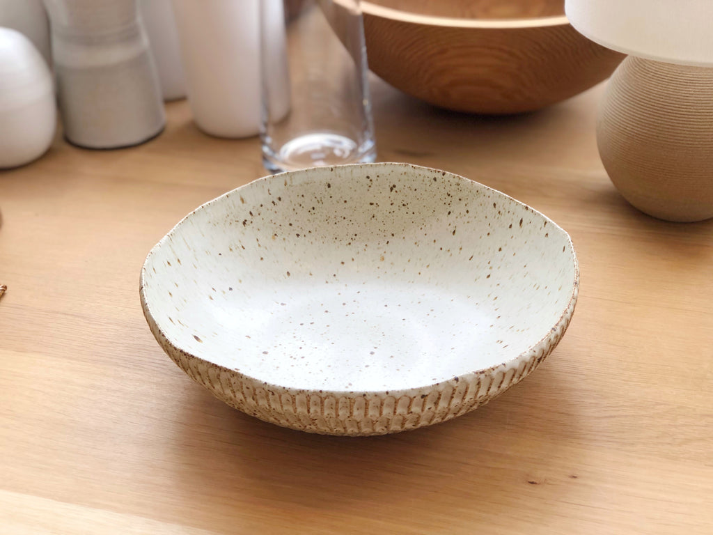 Ceramic Carved Serving Bowl - Speckled White
