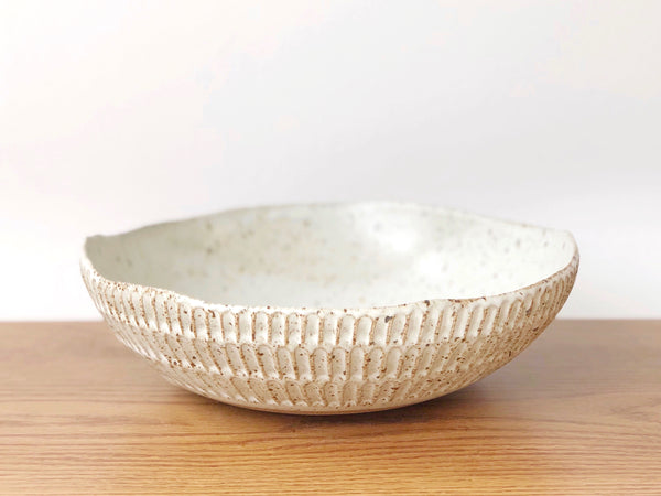 Ceramic Carved Serving Bowl - Speckled White