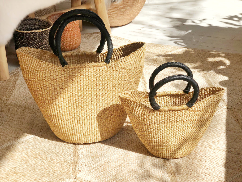 Handwoven Basket Tote with Black Leather Handles