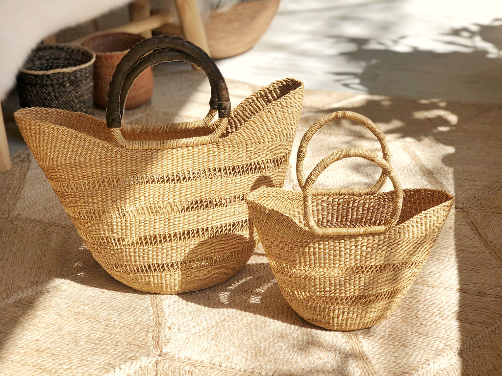 Handwoven Basket Tote Open Weave with Brown Leather Handles