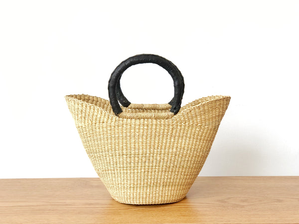 Handwoven Basket Tote Mini with Black Leather Handles