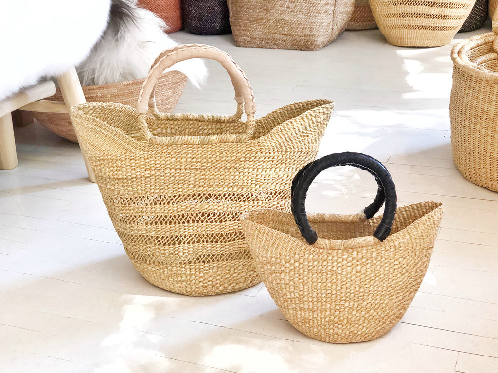 Handwoven Basket Tote Open Weave with Natural Leather Handles