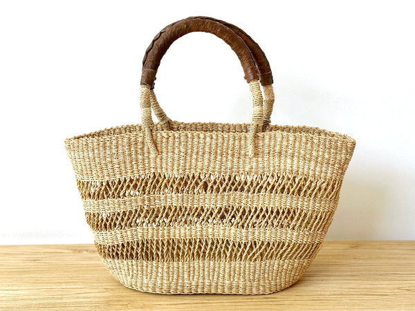 Handwoven Slim Basket Tote Open Weave with Brown Leather Handles