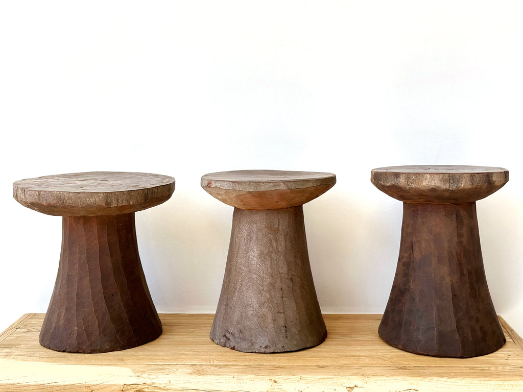 Handcarved Vintage African Round Wood Stool / Side Table