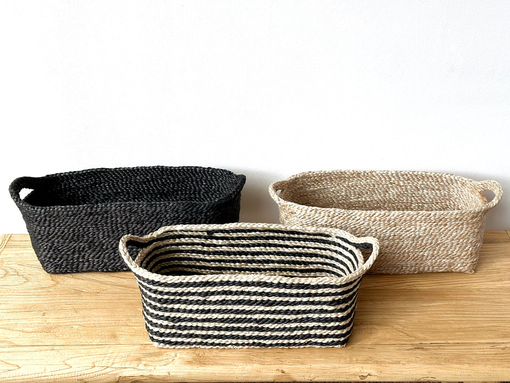 Handwoven Jute Basket Striped Rectangle Small