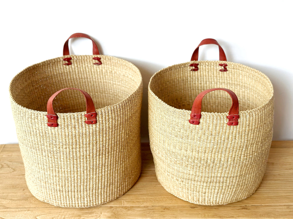 Handwoven Basket with Leather Handles