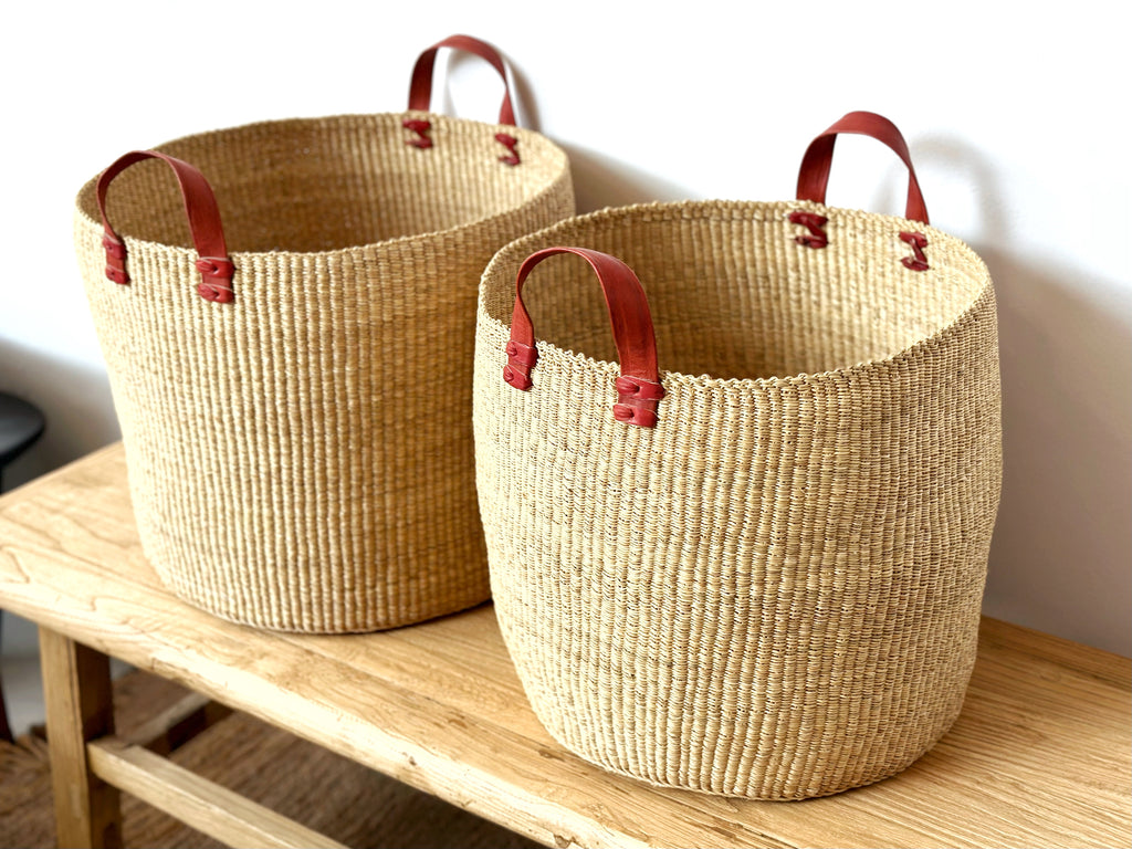 Handwoven Basket with Leather Handles
