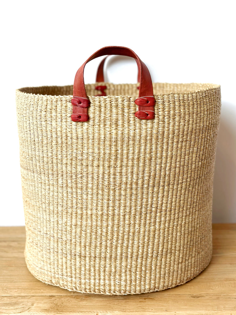 Handwoven Basket with Leather Handles