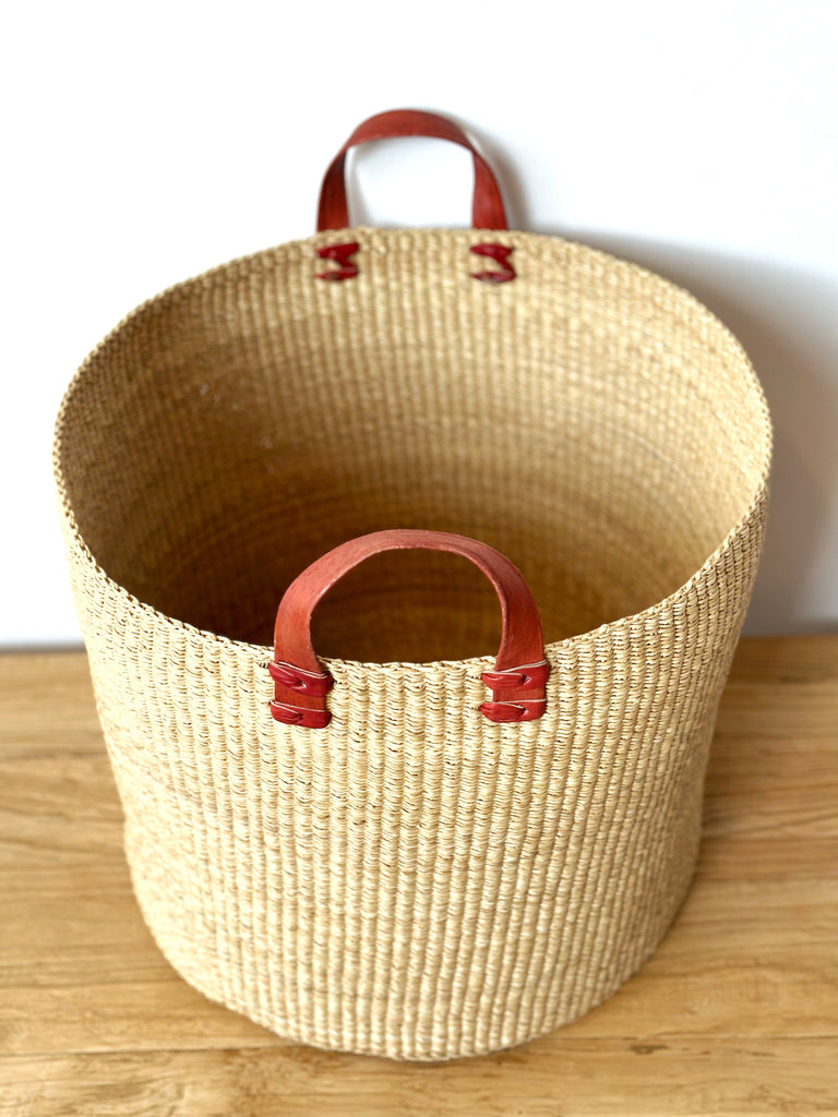 Handwoven Basket with Leather Handles