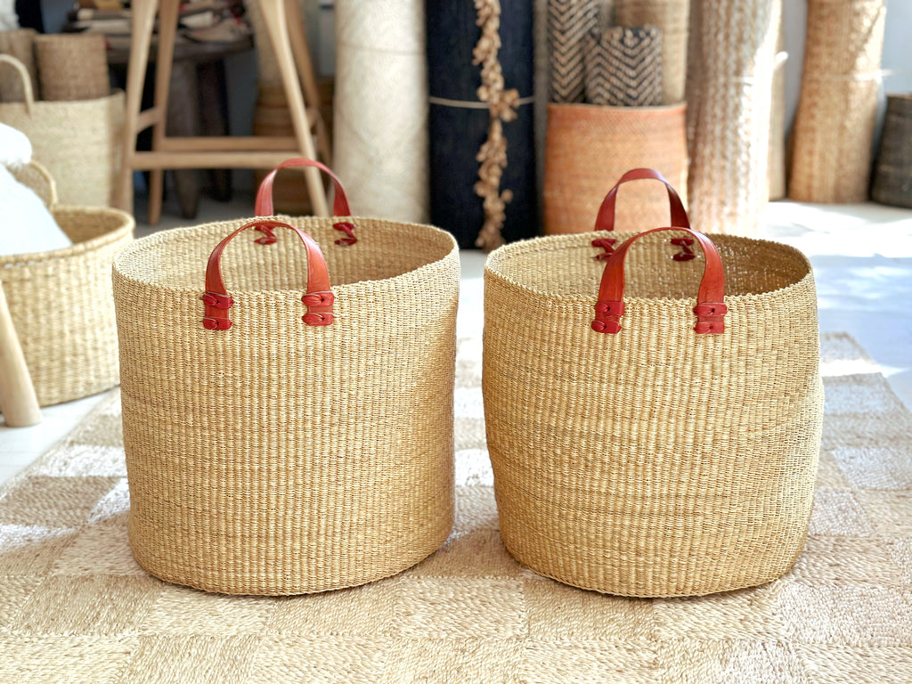 Handwoven Basket with Leather Handles