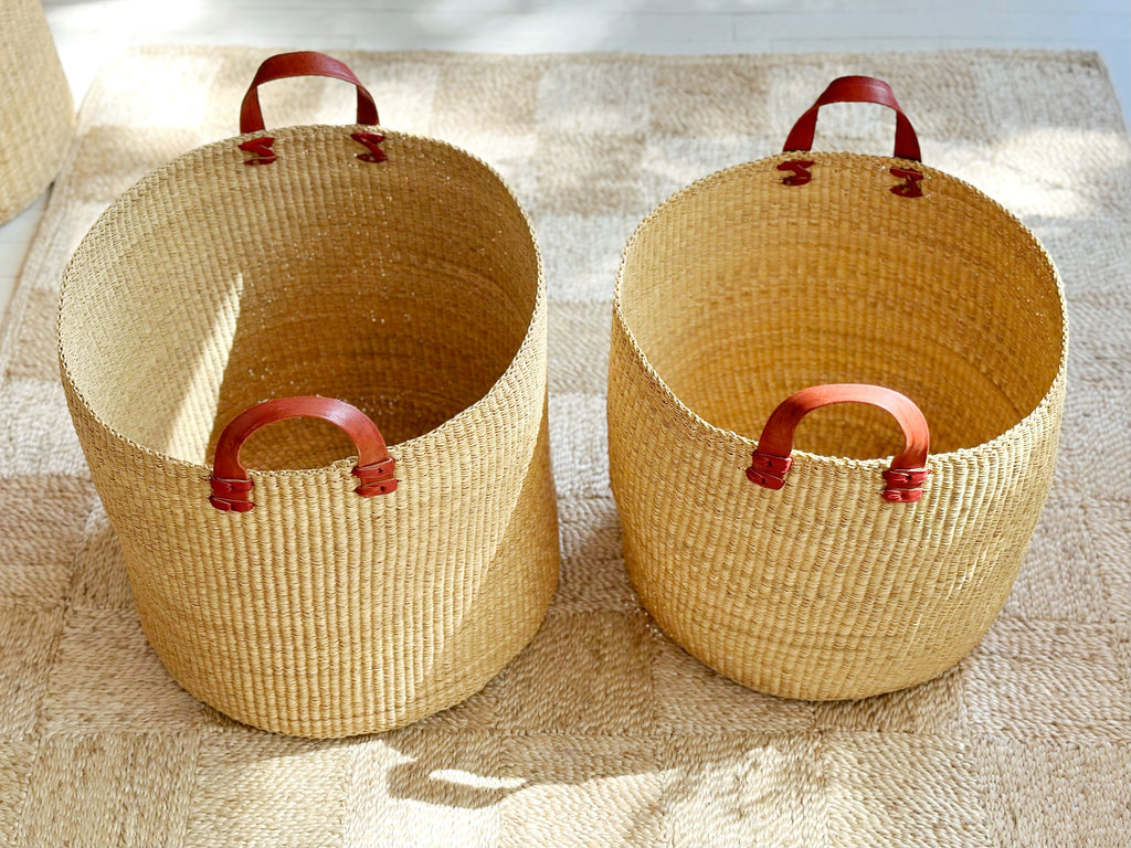 Handwoven Basket with Leather Handles