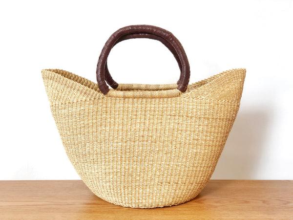 Handwoven Basket Tote with Brown Leather Handles