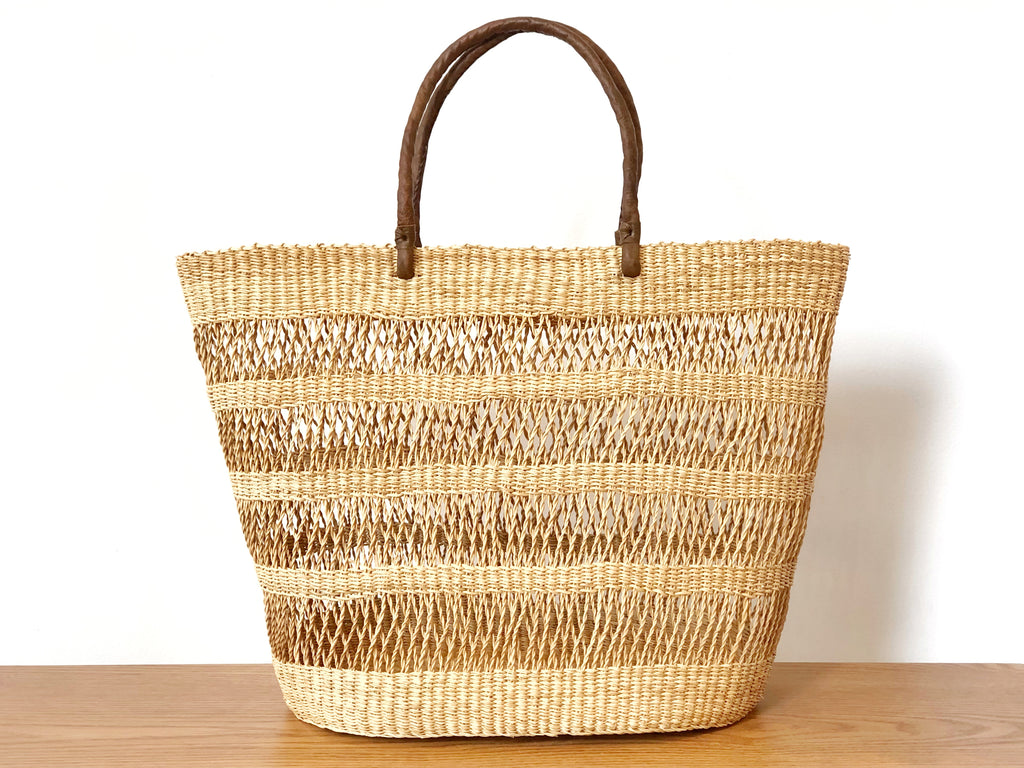 Handwoven Basket Tote with Leather Handles