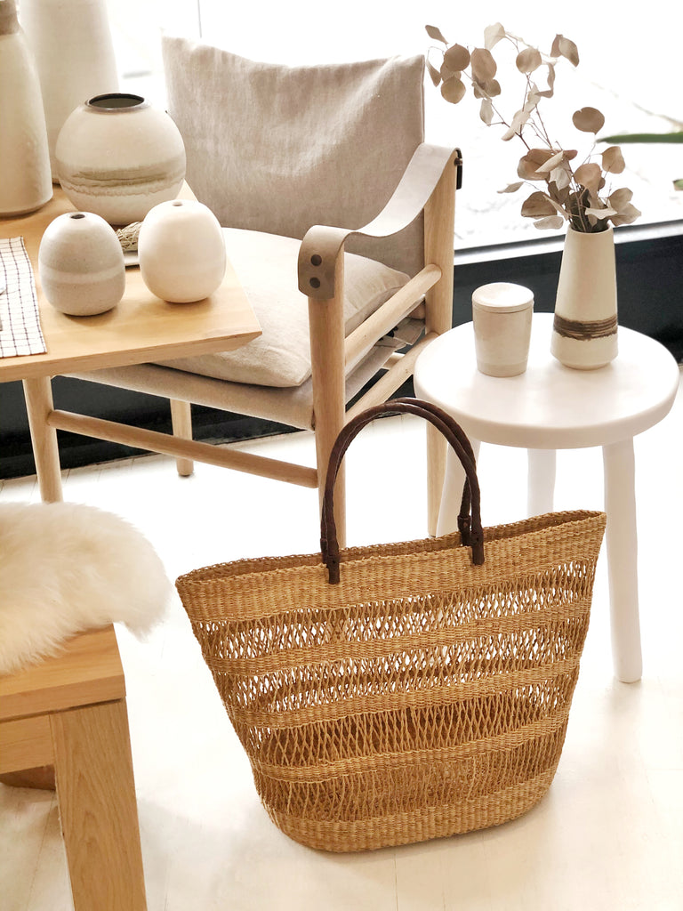 Handwoven Basket Tote with Leather Handles