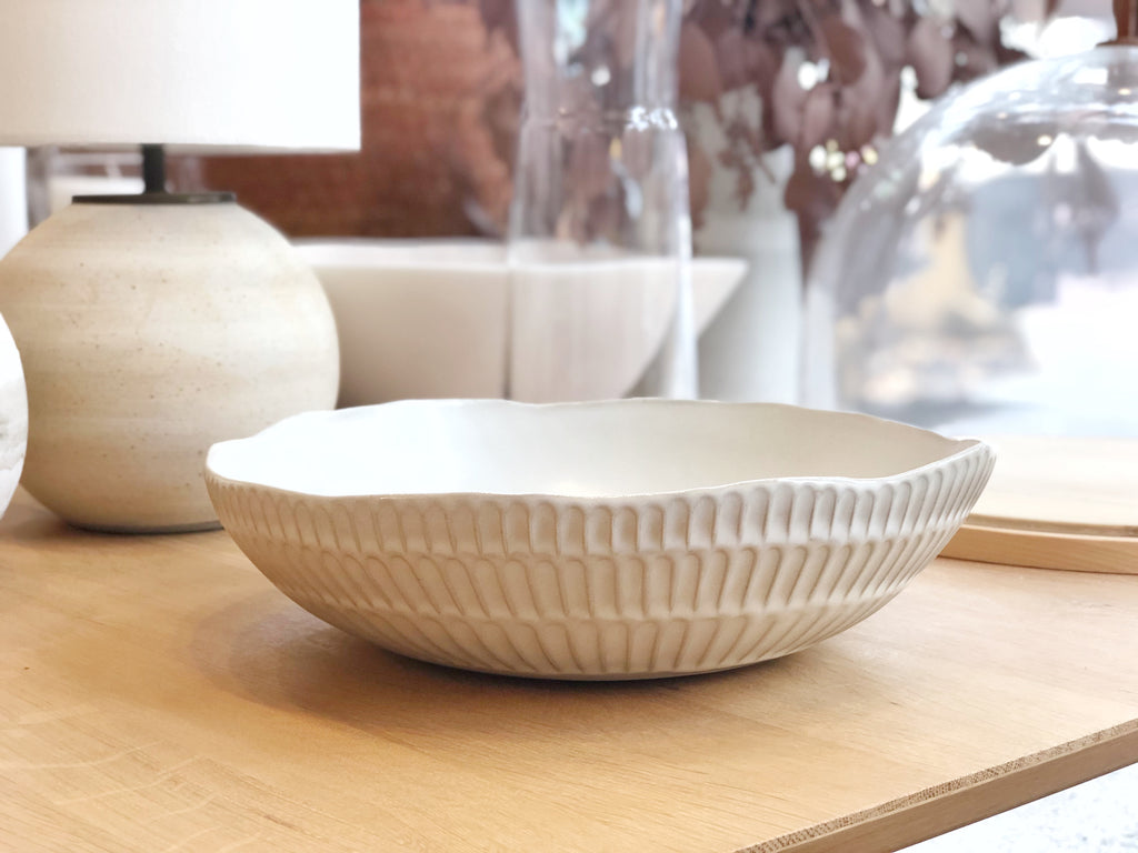 Ceramic Carved Serving Bowl - White