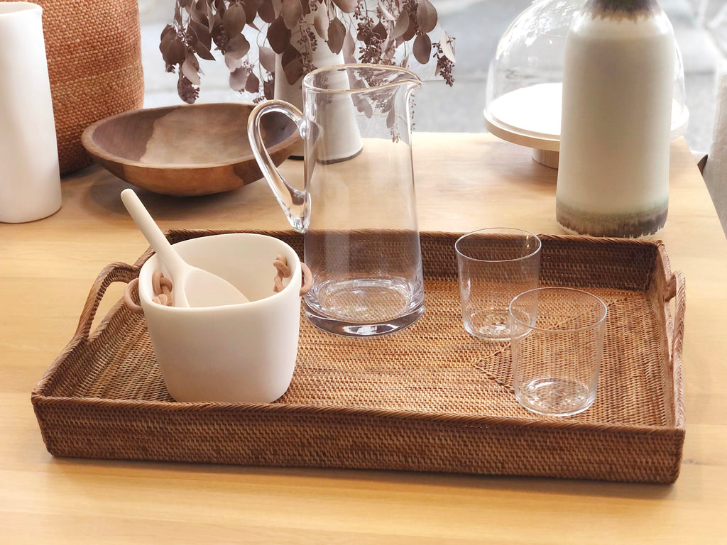 Hand Blown Glass & Bamboo Pitcher & Cups – Tea + Linen