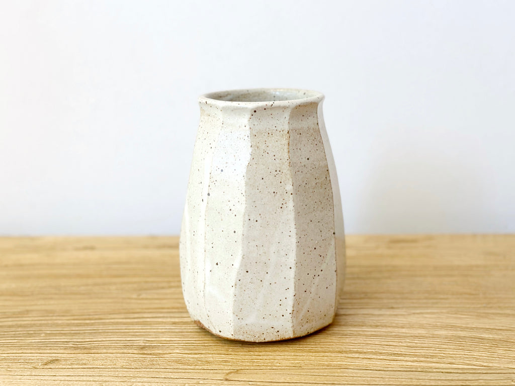 Ceramic Carved Facet Vase Small - Speckled White