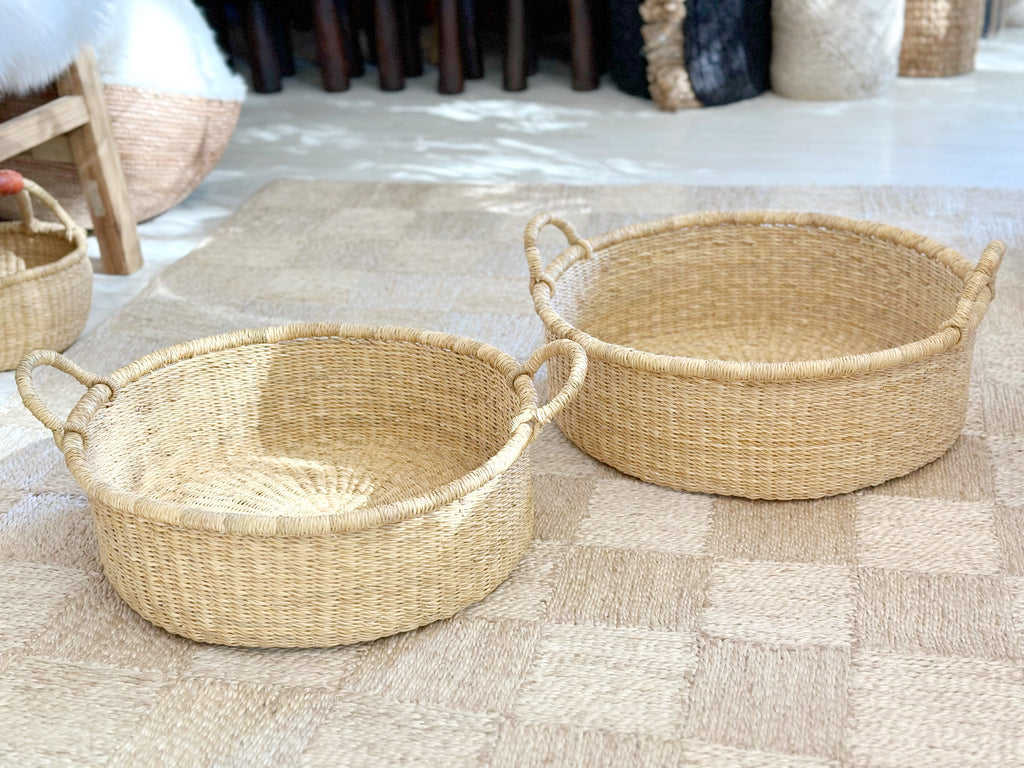 Handwoven Basket With Handles Wide Short