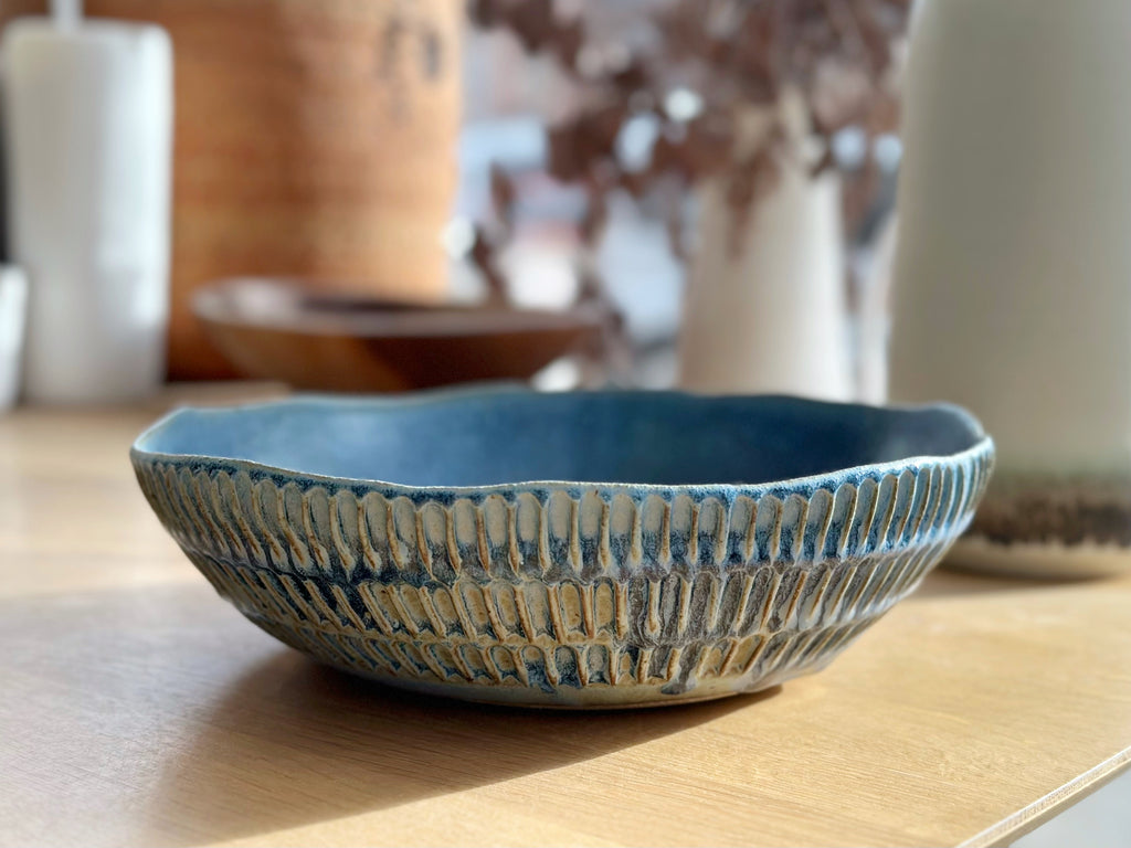 Ceramic Carved Serving Bowl - Blue