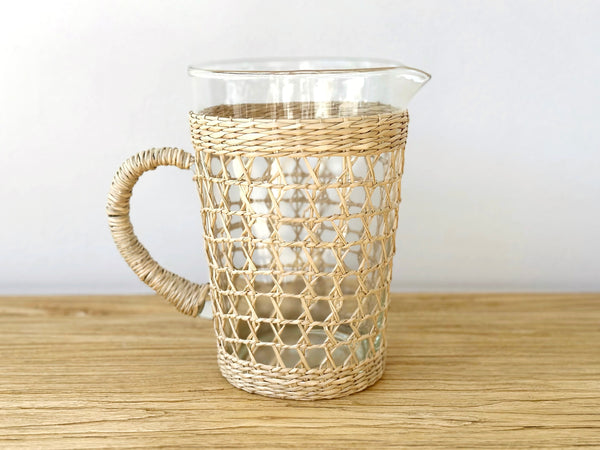Handwoven Seagrass Recycled Glass Pitcher