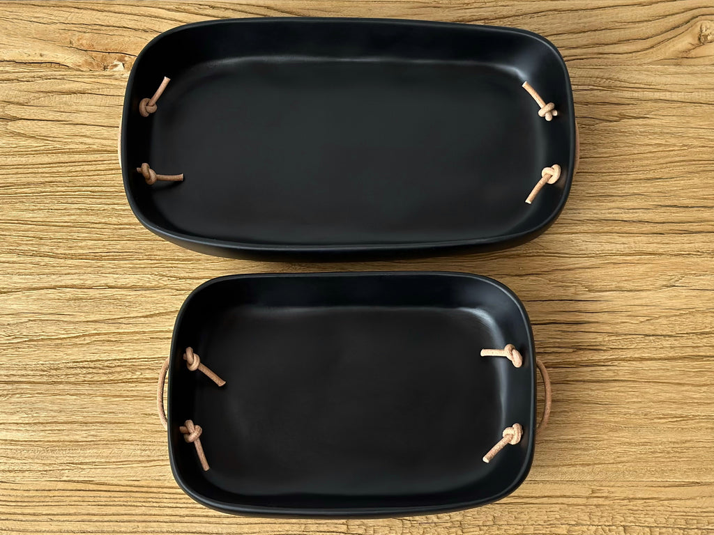 Hand-Sculpted Resin Small Tray with Leather Handles