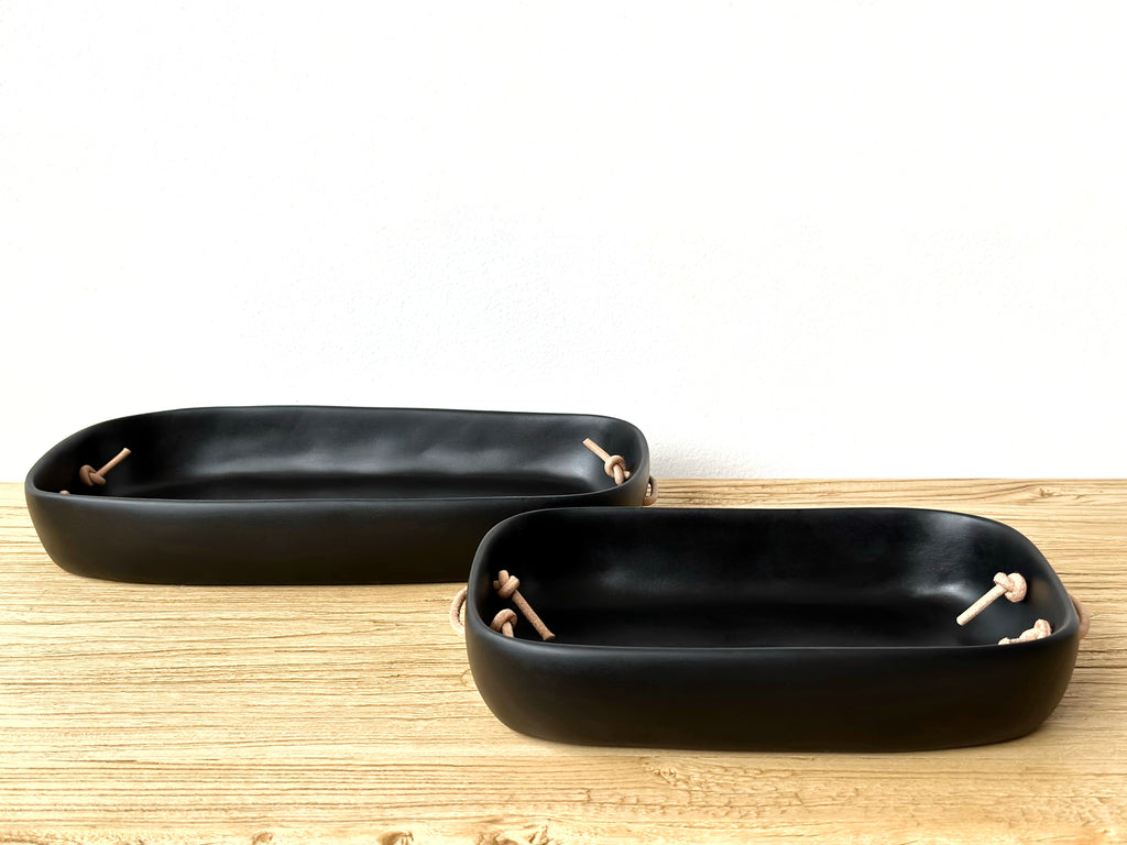 Hand-Sculpted Resin Small Tray with Leather Handles
