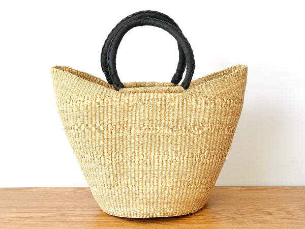 Handwoven Basket Tote with Black Leather Handles