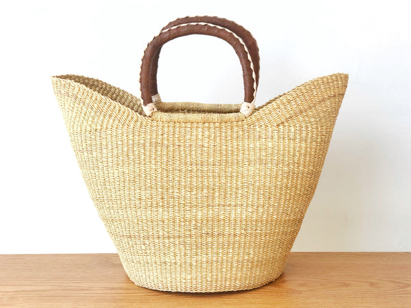 Handwoven Basket Tote with Brown and Cream Braid Leather Handles