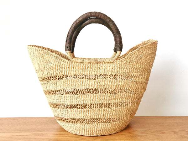 Handwoven Basket Tote Open Weave with Brown Leather Handles