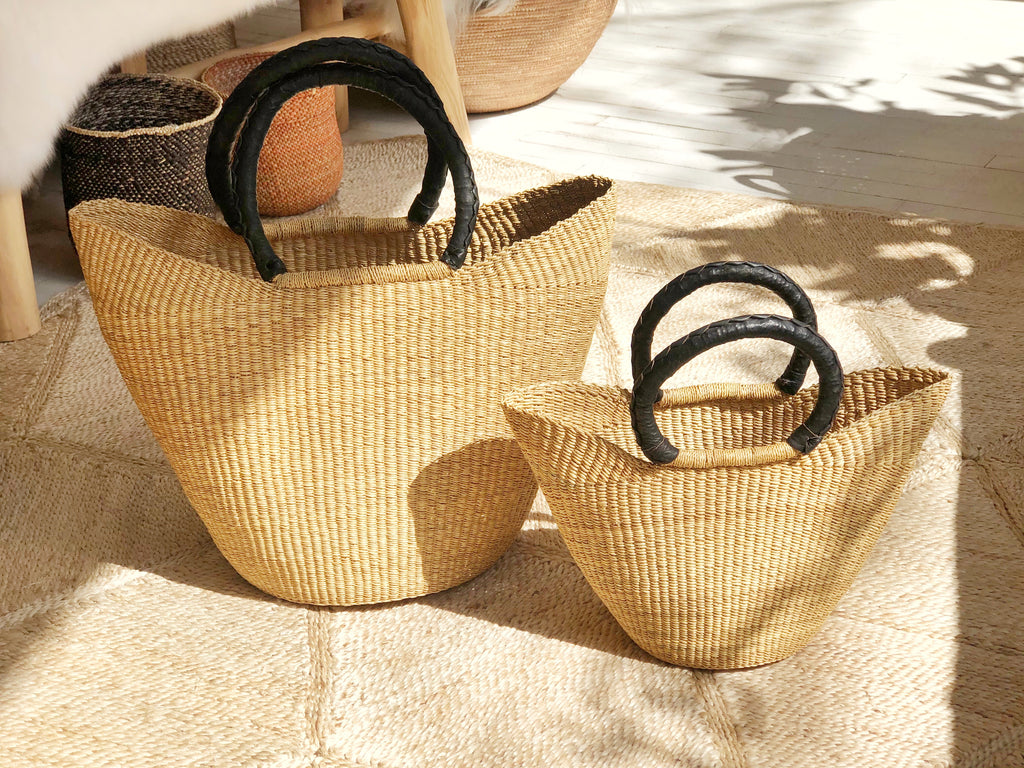 Handwoven Basket Tote Mini with Black Leather Handles