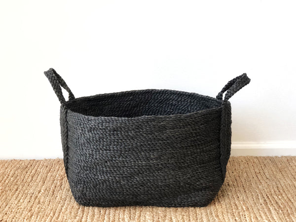 Handwoven Jute Basket Charcoal Small Wide