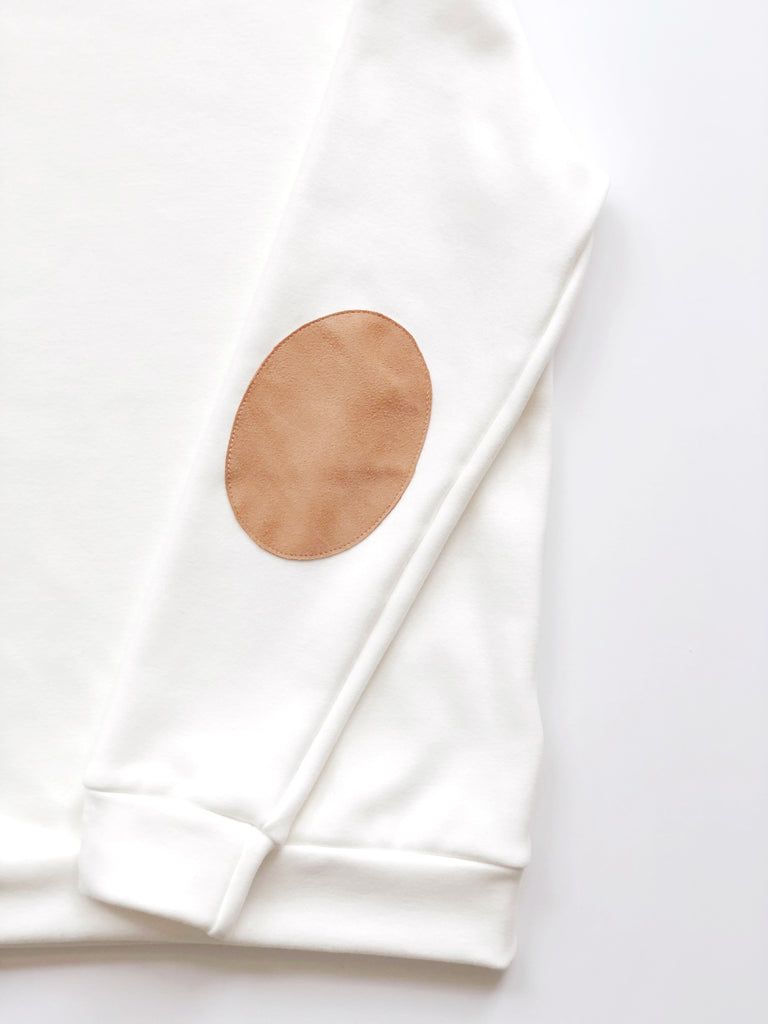 White Sweatshirt with Suede Elbow Patches
